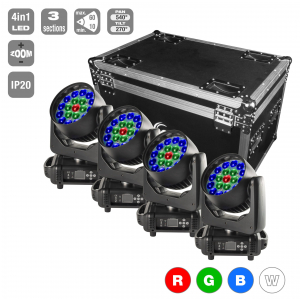 Flash LED 4x Moving Heads ZOOM 19x15W 3 Section WASH 